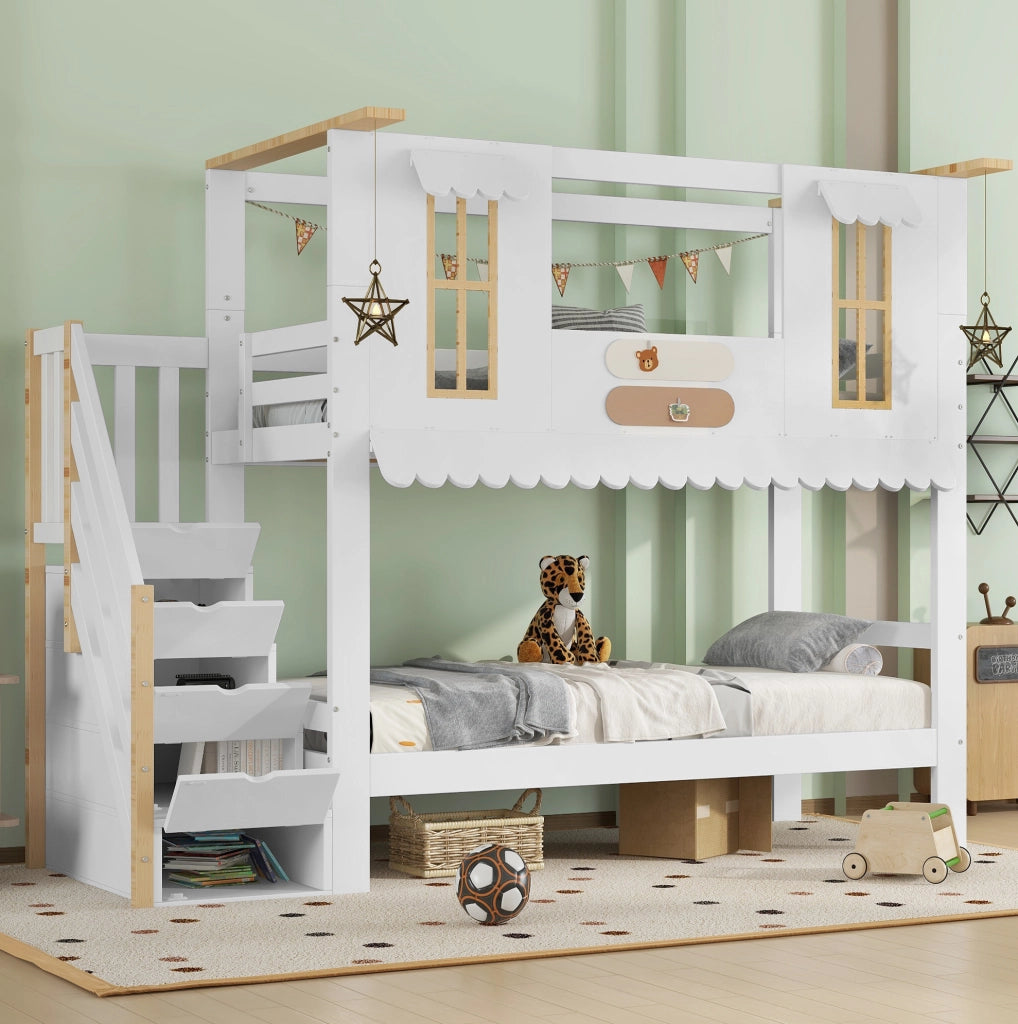 Letto a castello per bambini 90x200 cm con scala contenitore e design a casetta