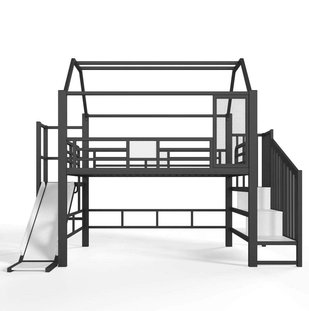 Letto a soppalco per bambini 140x200 cm a casetta con scivolo; scala e LED Bluetooth nero HOMVRA