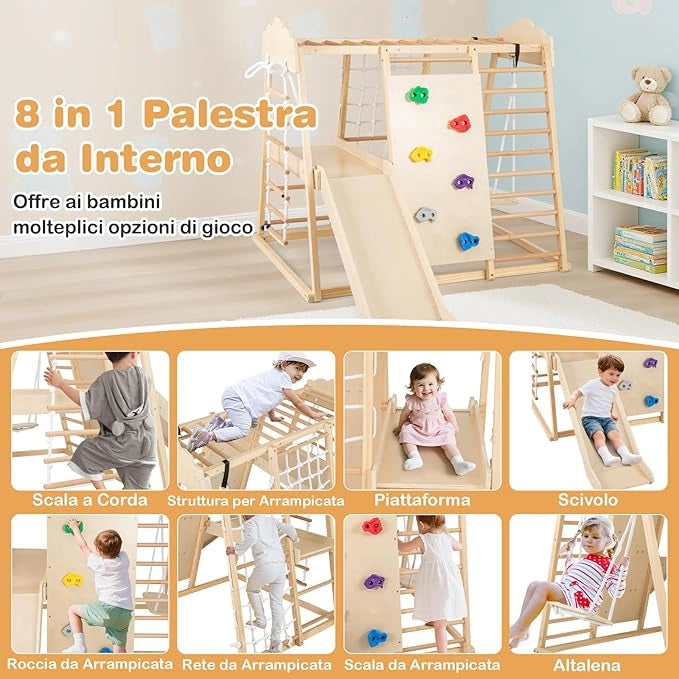 8 in 1 Set da Arrampicata per Bambini, Palestra in Legno da Interno con Sbarre Scivolo Altalena Scala in Corda e Roccia/Rete da Arrampicata, per Bambini 3 Anni+ (Naturale)