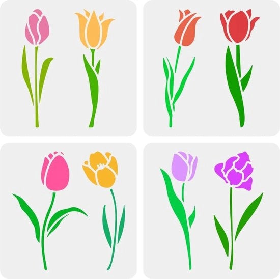 4 pezzi di Template a forma di Tulipano singolo per la pittura 15x15cm - Stencil decorativo a forma di Tulipano - Stencil tematica di piante per la decorazione del pavimento