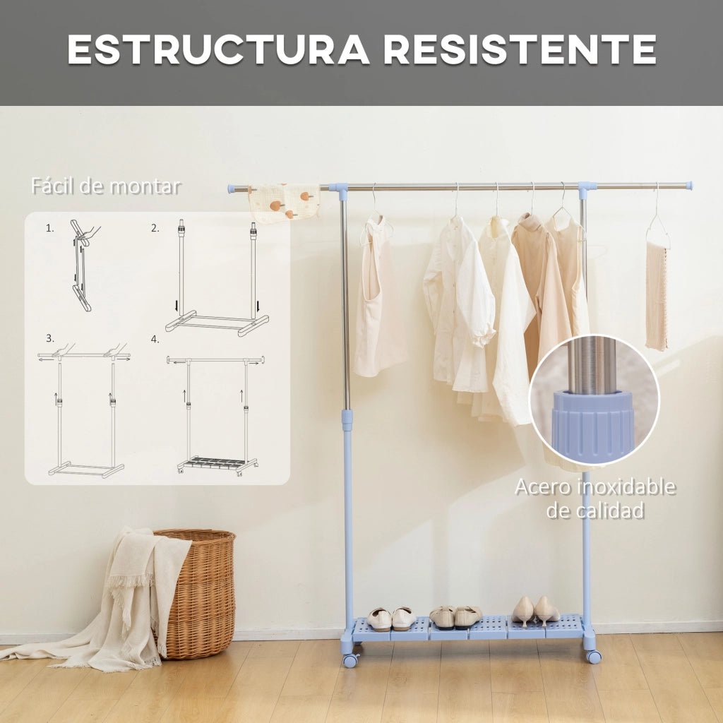 Appendiabiti Estensibile con Ruote e Scarpiera ¨C Minimal ¨C 159x42x168 cm Azzurro Argento