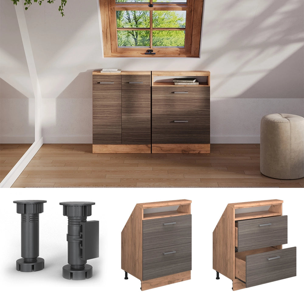 Vicco Mobile cucina sottotetto Grigio nobile/rovere dorato 60 cm con 2 cassetti