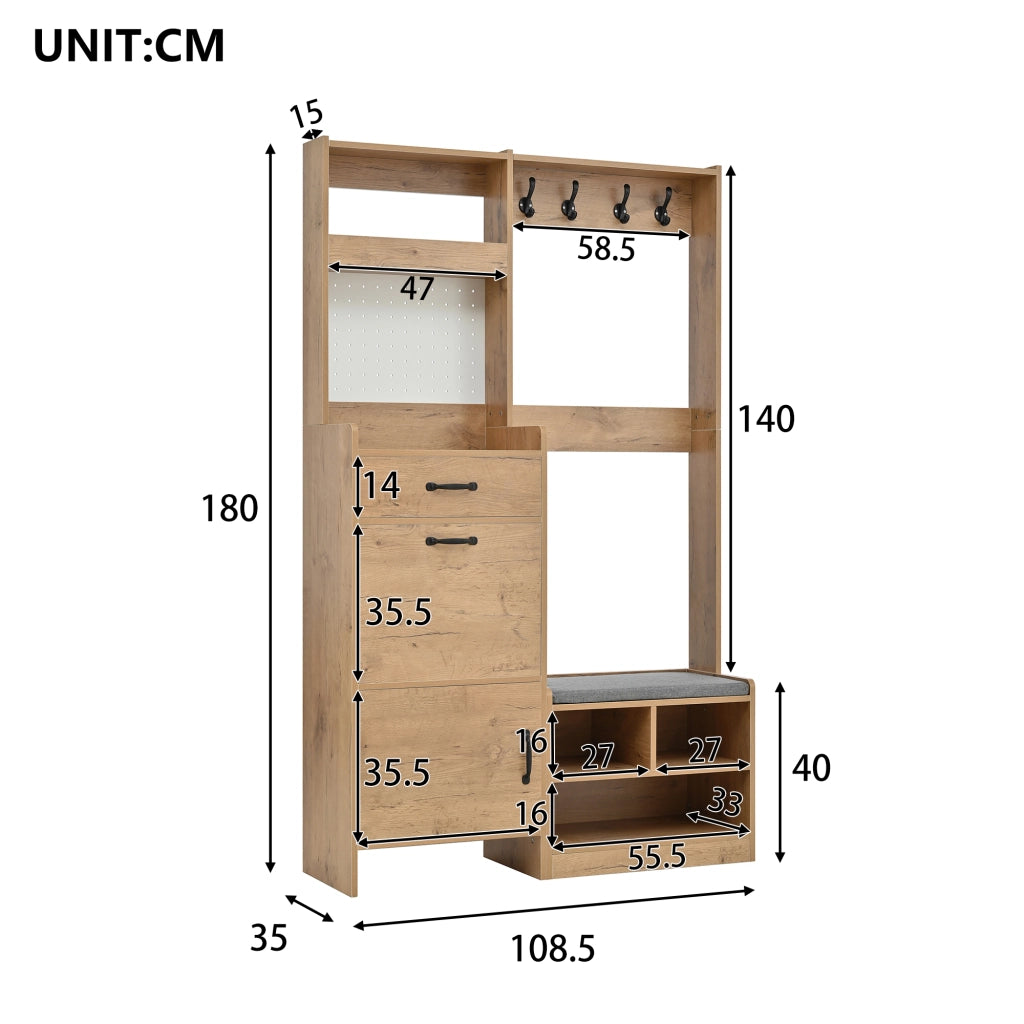 Mobile Ingresso con 2 ante; 1 cassetto e 4 ganci - in truciolare - Natural White - 108.5×35×180 cm