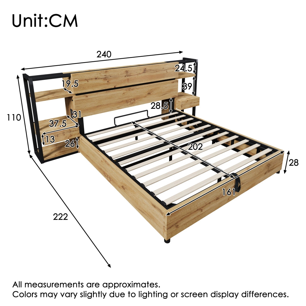 Letto contenitore matrimoniale 160 × 200 cm con cassetti, USB e Type-C, senza materasso, in MDF e metallo, rovere