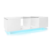 Tavolino da Salotto con 2 Ante e LED Bluetooth 16 Colori; Piano in Vetro; Bianco Lucido; in MDF e Truciolare; 120×50×38;5 cm