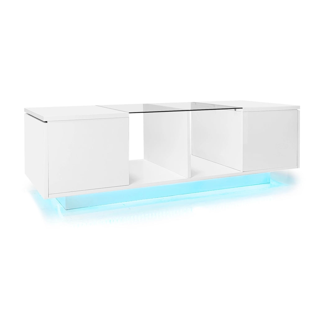 Tavolino da Salotto con 2 Ante e LED Bluetooth 16 Colori; Piano in Vetro; Bianco Lucido; in MDF e Truciolare; 120×50×38;5 cm