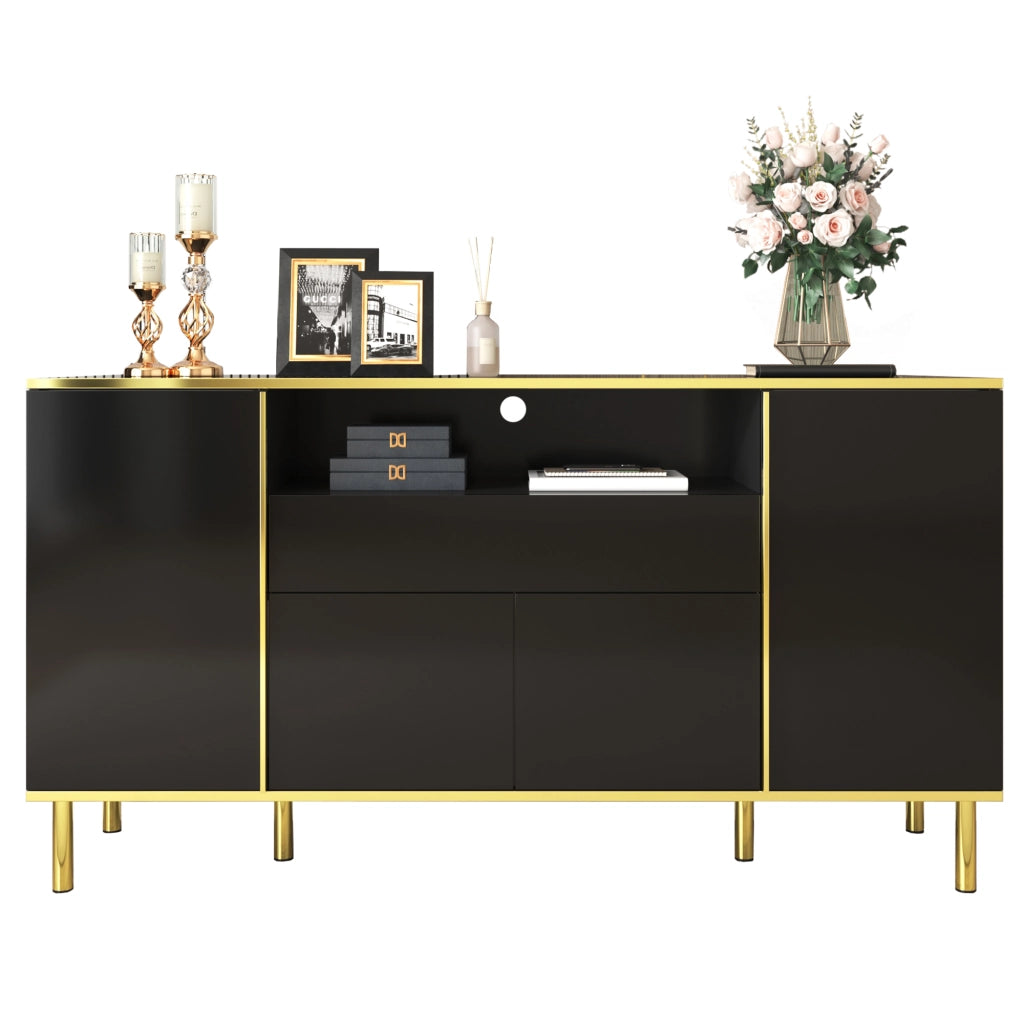 Credenza con 4 Ante; 1 Cassetto e LED; Nero Lucido con Dettagli Dorati; in MDF; 150??40??80 cm