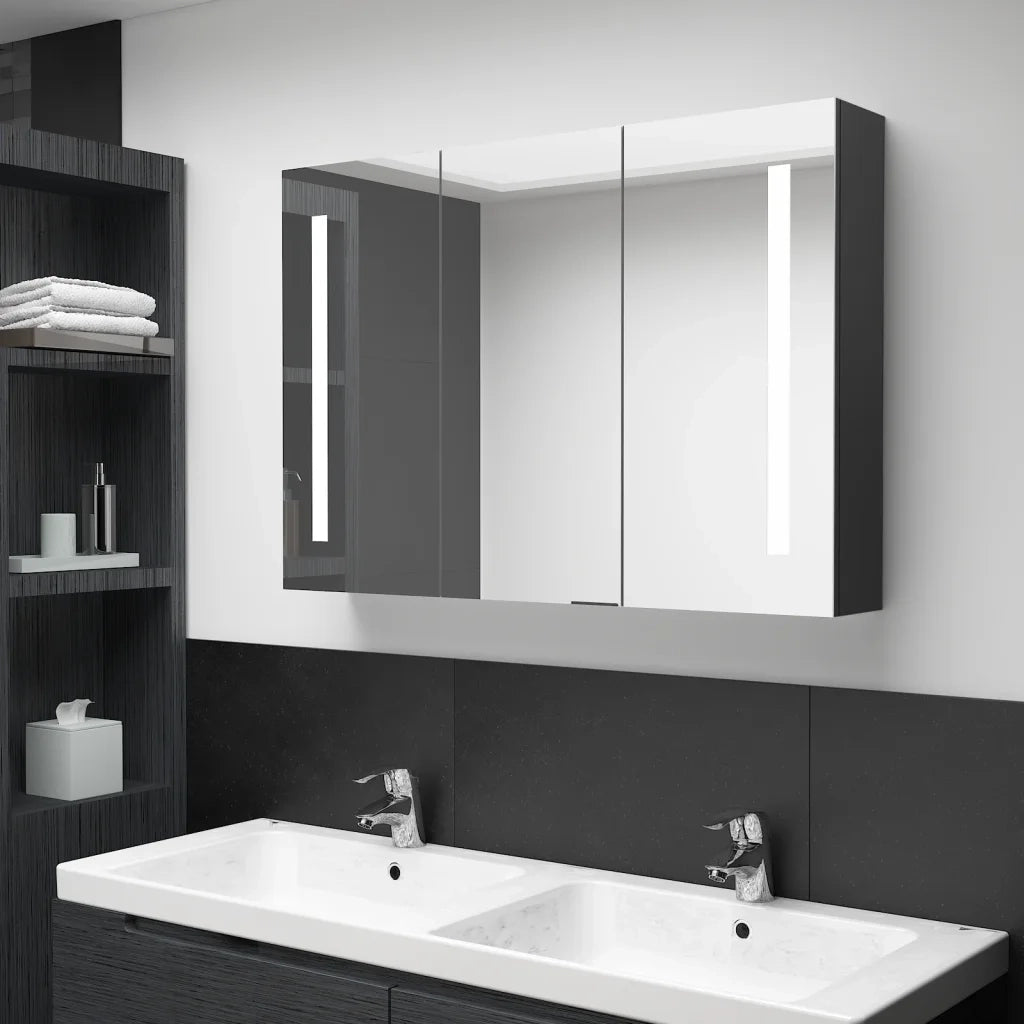 Armadietto Bagno | Armadio da bagno con Specchio e LED Nero Lucido 89x14x62 cm