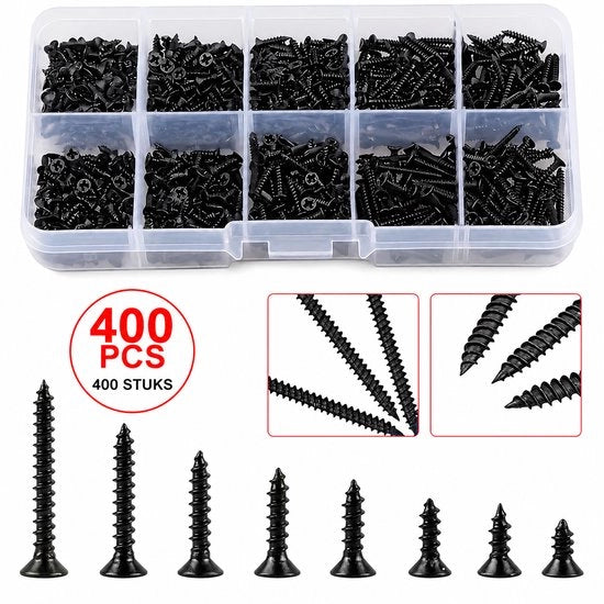 Set di viti a testa M2 da 400, nero, 8 misure (4-20 mm), viti a croce in legno, assortimento, con scatola di contenimento