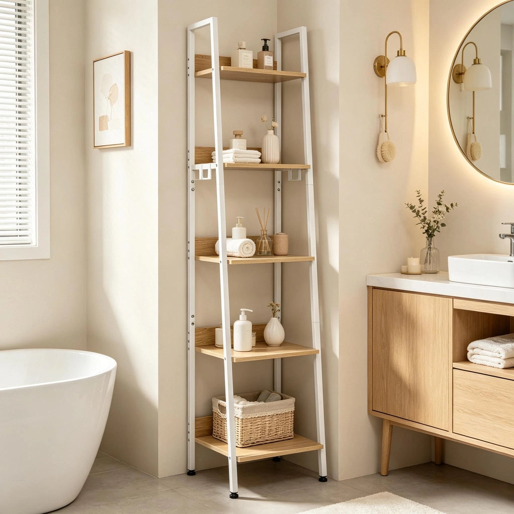 Libreria a scala in MDF e metallo con 5 ripiani aperti, 4 ganci removibili, 40 x 36 x 170 cm