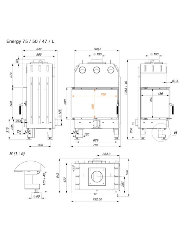 Caminetto ad angolo Inserto Apertura sinistra Nero Energy 75x50x47 (15,1 kW) ECO