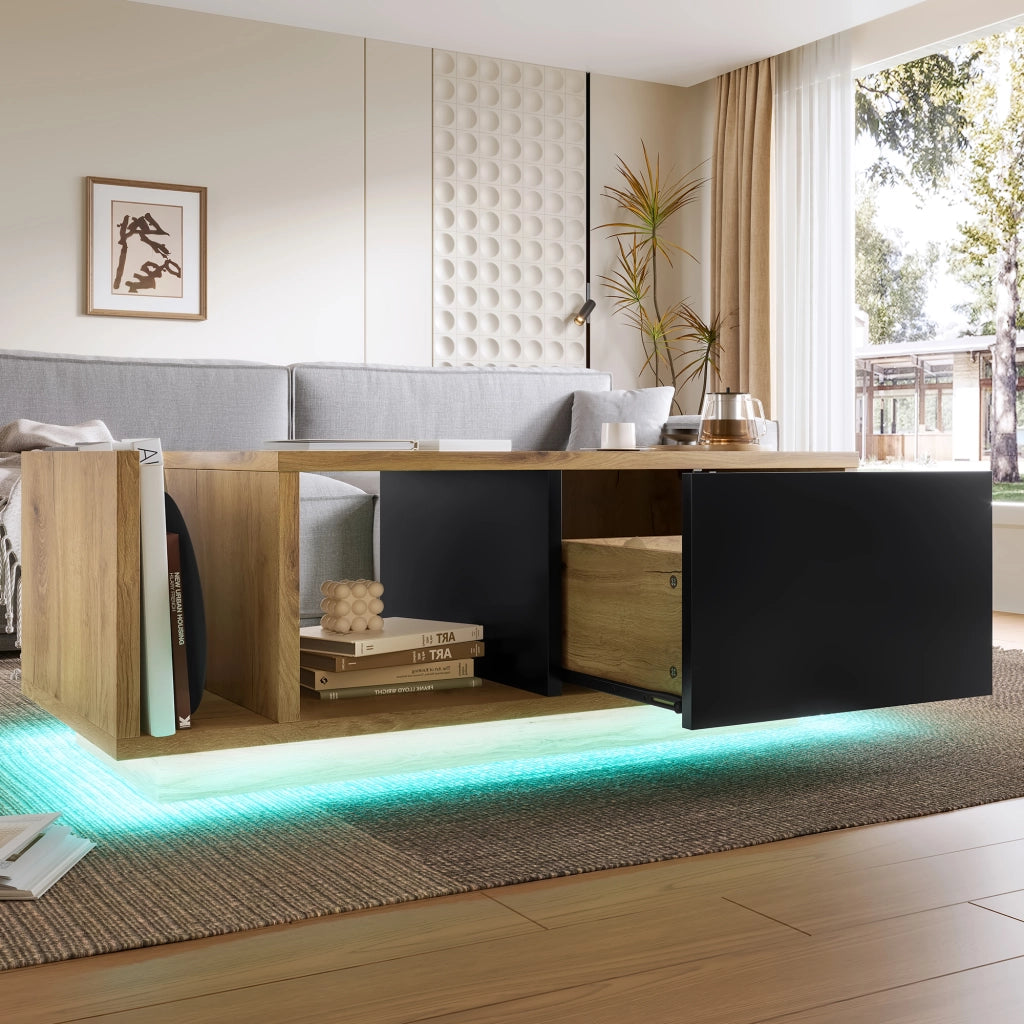 Tavolino basso con LED, 1 cassetto e vano aperto, stile retro, per soggiorno, in legno ingegnerizzato, naturale