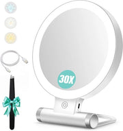 Specchio di trucco illuminato, 30x/1x tavolo a due facce, illuminazione a 3 colori, specchio di trucco regolabile, specchio di viaggio con illuminazione (specchio di trucco 30x)
