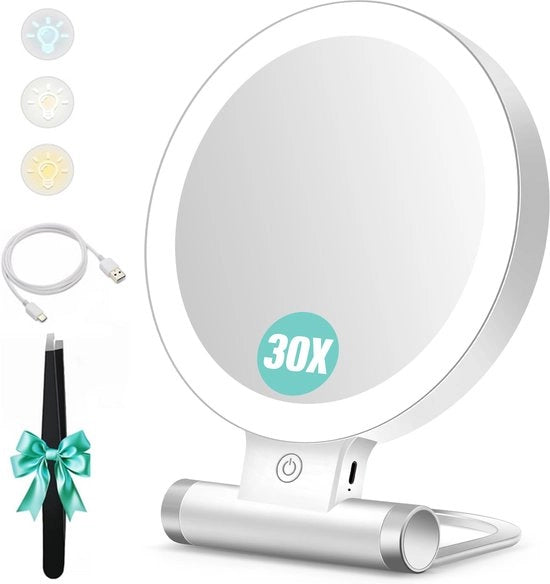 Specchio di trucco illuminato, 30x/1x tavolo a due facce, illuminazione a 3 colori, specchio di trucco regolabile, specchio di viaggio con illuminazione (specchio di trucco 30x)