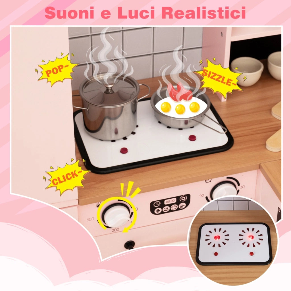 Cucina giocattolo ad angolo per bambini set cucina in legno con frigorifero a doppia porta-Cucina giocattolo con contenitori in tessuto Rosa