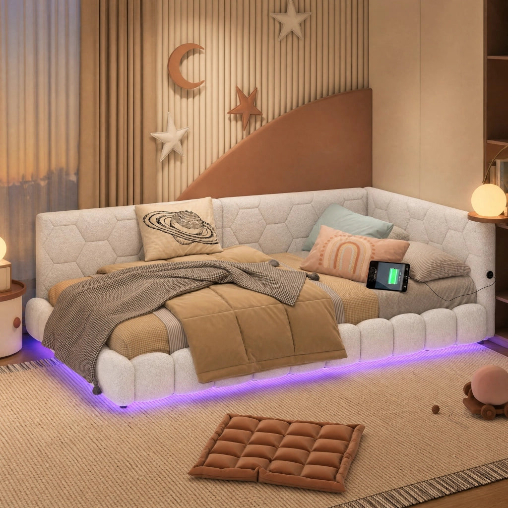 Divano letto Daybed 90x200 cm bianco con LED, USB e Type-C