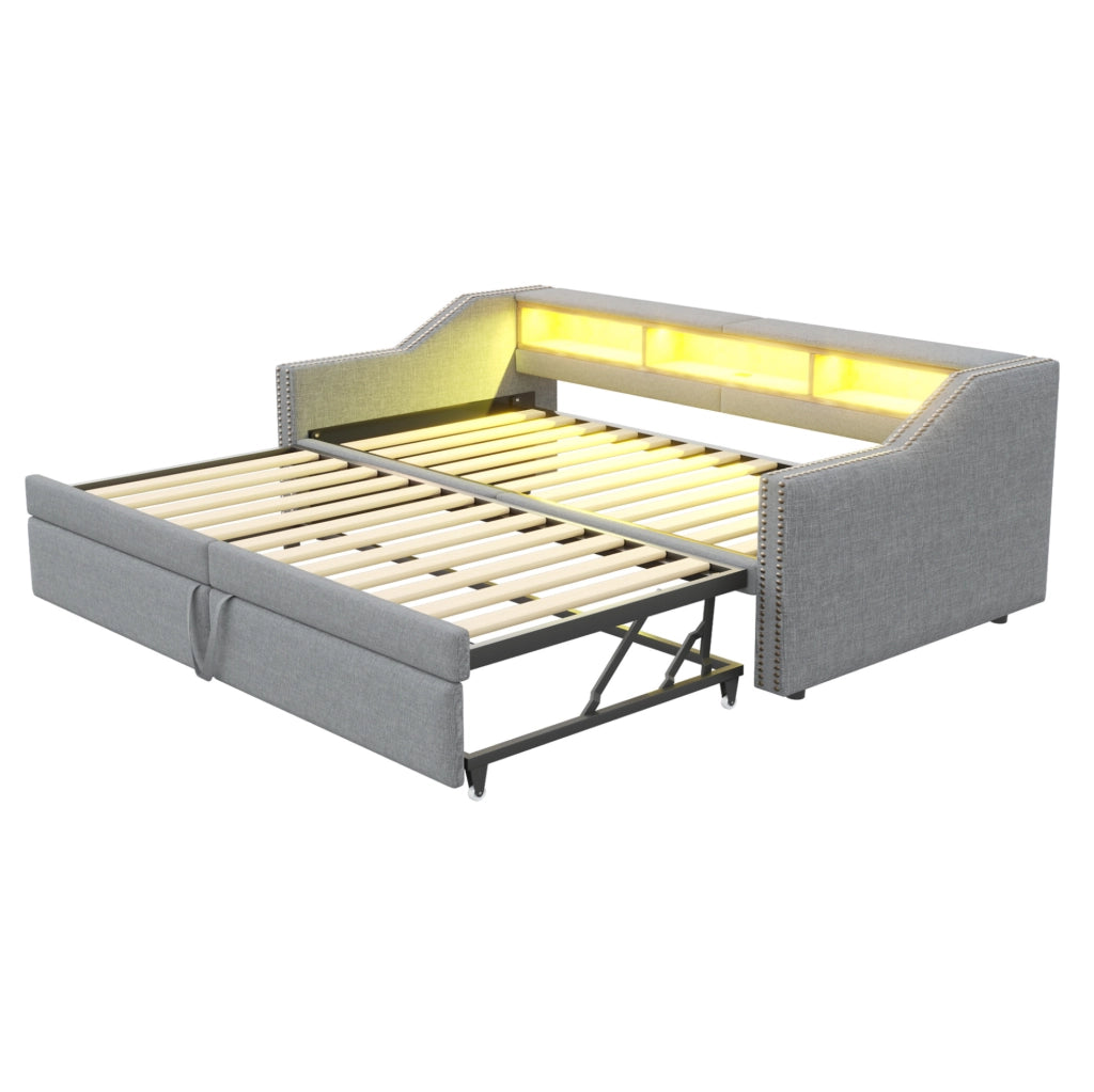 Divano letto imbottito estraibile 90/180 x 200 cm in lino grigio chiaro con vano laterale e USB