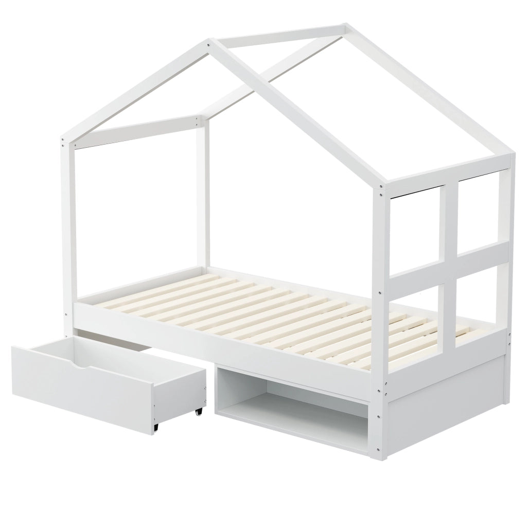Letto bianco in legno 90×190 cm; cassetti; armadietto per scarpe; telaio a stecche a LED multicolore; letto singolo per giovani