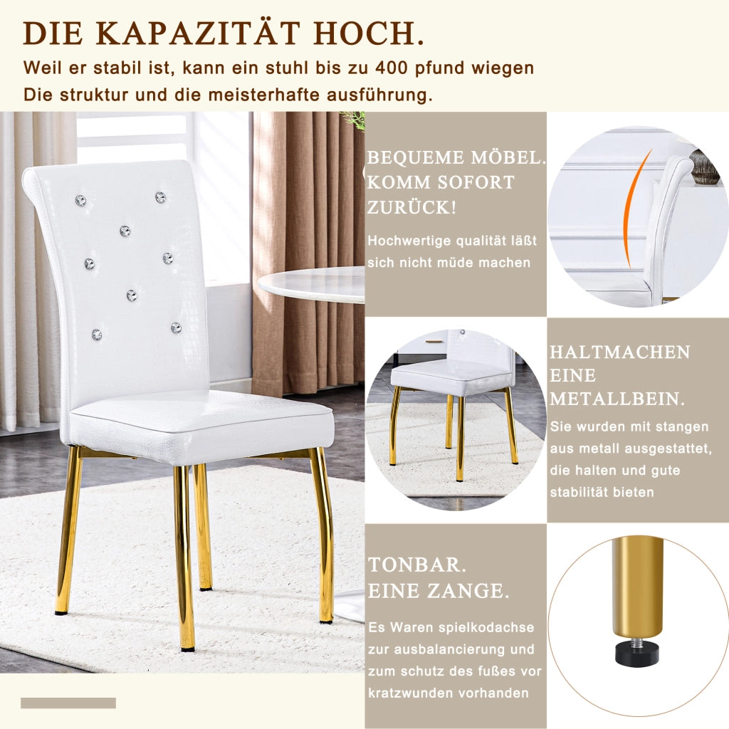 Sedia da Pranzo Set da 4 con Schienale Imbottito, Piedini Regolabili, in Metallo e PVC Bianco Oro
