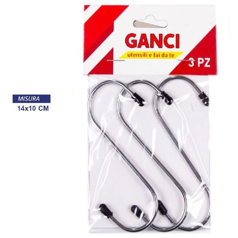 Trade Shop - Set 3 Pezzi Ganci Gancio A S Appendini Multiuso Acciaio Con Gommino 14x10cm -