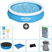 Piscina Opinata Rond Fast Set - 305 x 66 cm - Blu - Inclusa Copertura - Copertina del Terreno - Mat Matto Solare - Pompa di Filtro Piscina - 7 pezzi