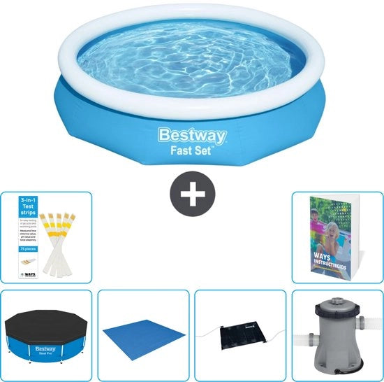 Piscina Opinata Rond Fast Set - 305 x 66 cm - Blu - Inclusa Copertura - Copertina del Terreno - Mat Matto Solare - Pompa di Filtro Piscina - 7 pezzi