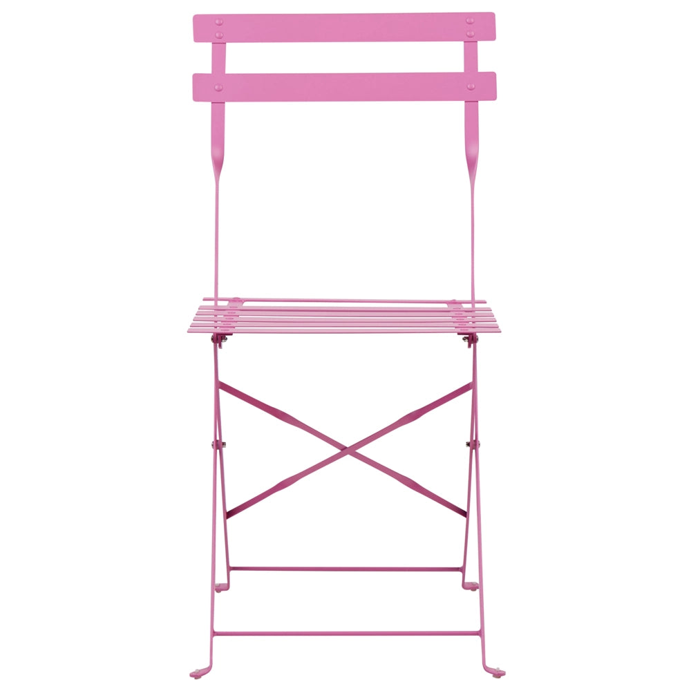 Set da bistrot 3 pezzi rosa in metallo pieghevole con schienale a doghe per esterni