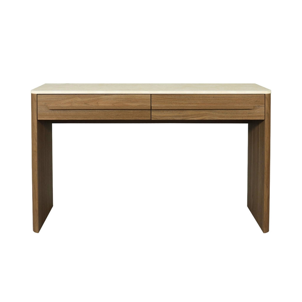 Consolle decorativa in legno e effetto travertino con 2 cassetti