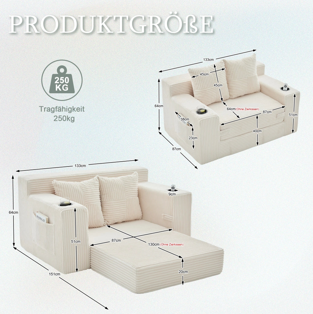 DIVANO Pouf in Velluto a Coste Beige 151x133x64 cm con 2 Cuscini