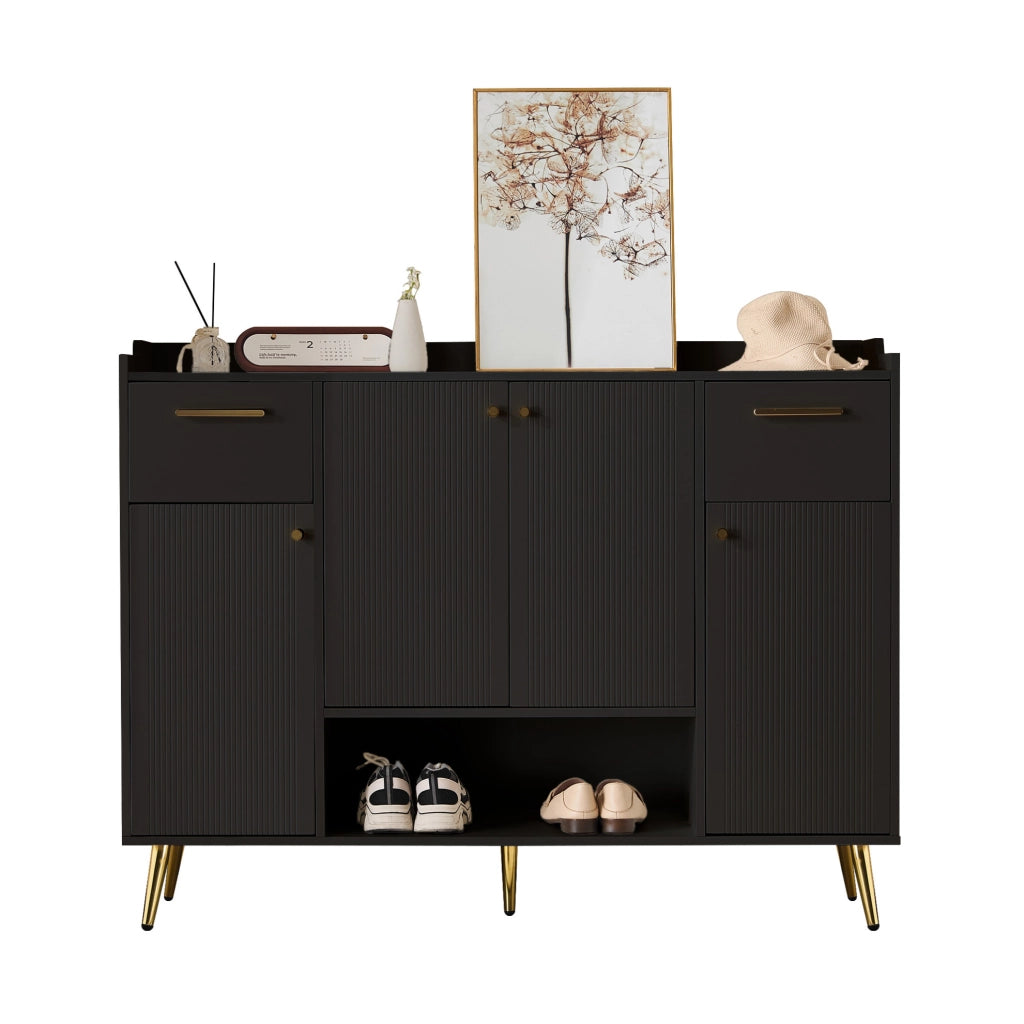 Scarpiera con 2 cassetti; 4 ante e vano aperto; 130x37x100 cm; nero