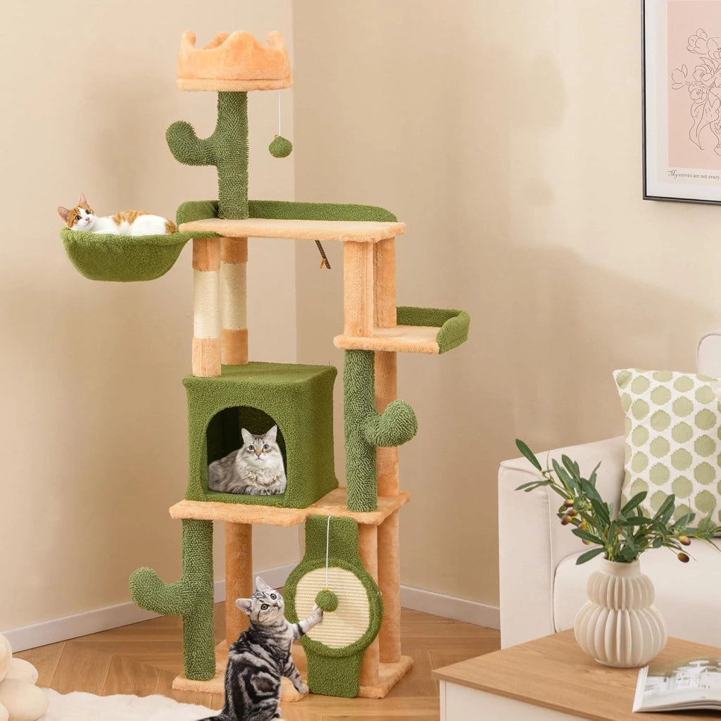 Tiragraffi 160cm, Albero per Gatti con Pali per Graffi in Sisal, Posti a Sedere Imbottiti, Giochi Appesi e Cuccia, Torre per Animali Domestici da Interno a Forma di Cactus, Verde