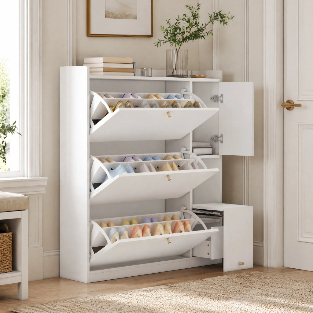 Scarpiera inclinabile con 3 ante ribaltabili, ripiano regolabile e seduta richiudibile, bianco, 119 x 24 x 122 cm