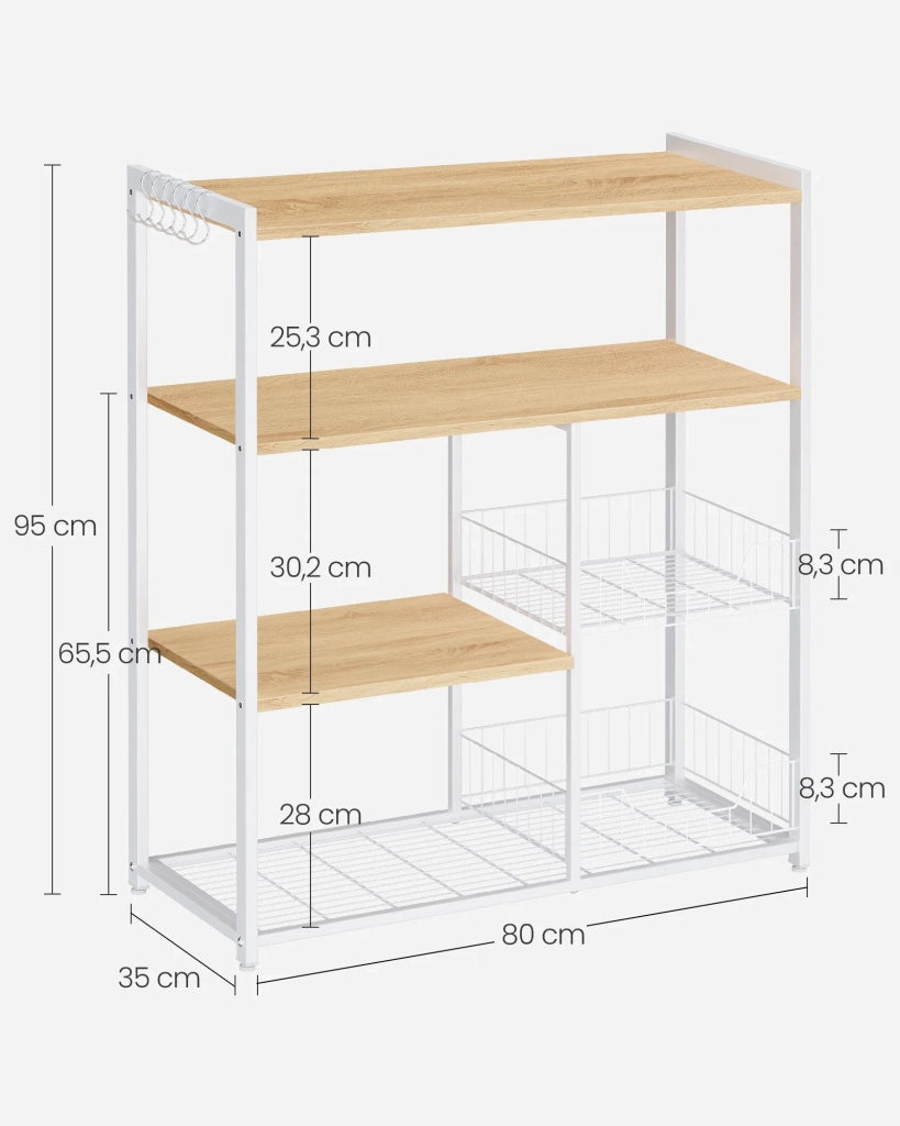 Mensola da cucina indipendente con 2 cestelli in metallo 35 x 80 x 95 cm stile panetteria con ganci e ripiani ripiano per microonde bianco 12_0006121