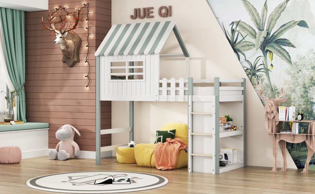 DESMIU Letto a casetta per bambini 1 posto con barriera di sicurezza e mensola, 90 × 200 cm, senza materasso, verde