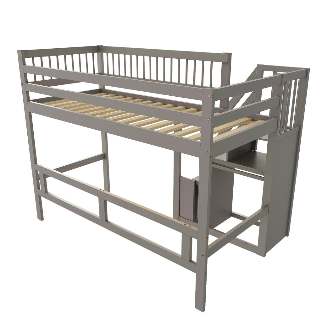 Letto a soppalco ULEVR 90x200 cm con scala contenitore e sponde alte, legno grigio