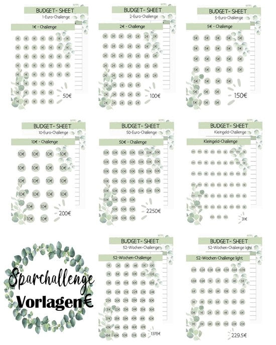 Set di pianificazione del budget A6 da 24 pagine - Pianificatore del budget - Libretto di spese - Mappe per la risparmio - Design a tema eucalipto - Carta ecologica - Libretto di risparmio