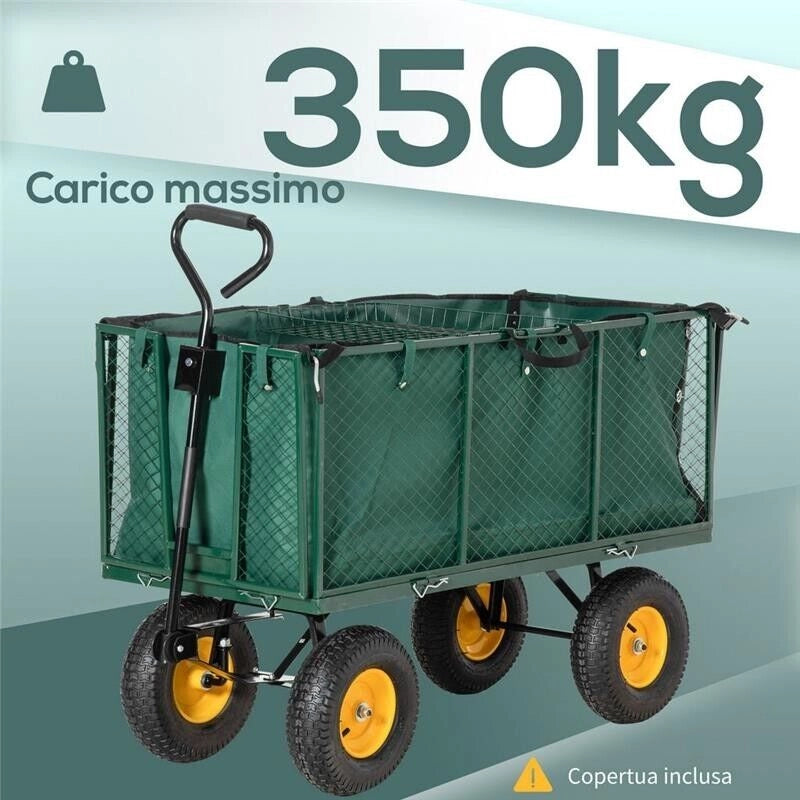 CARRELLO DA GIARDINO IN ACCIAIO CON PARETI LATERALI CAPIENZA 342L VERDE
