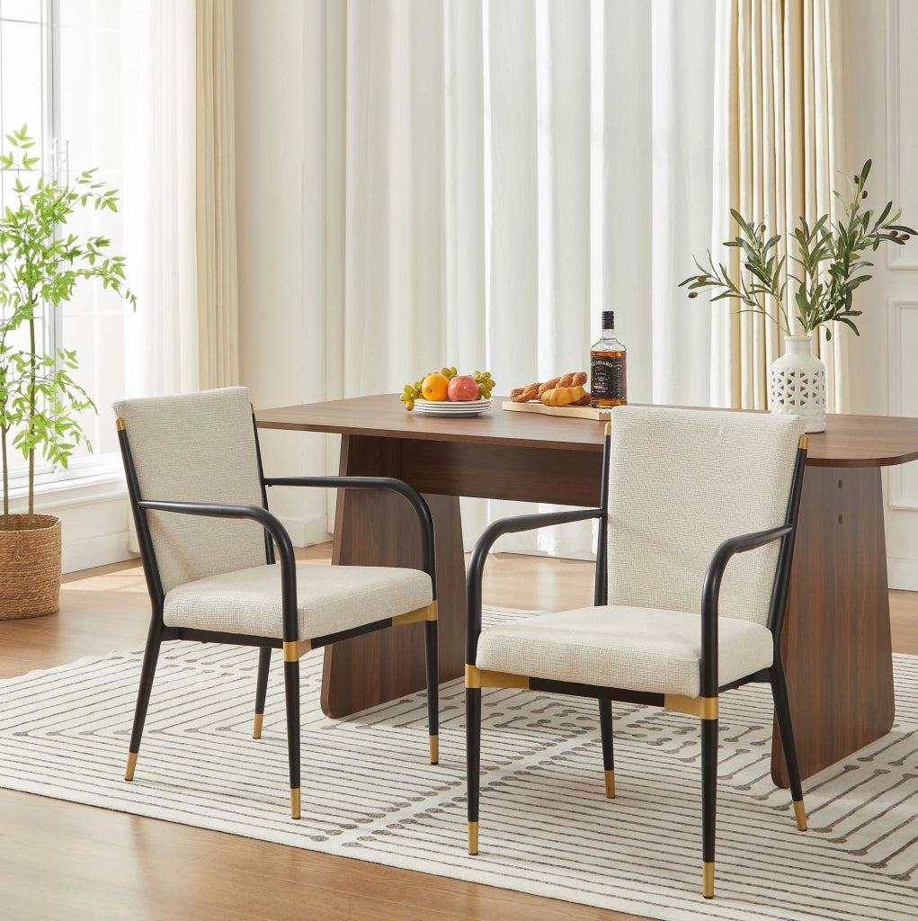 Set di 2 sedie da pranzo beige con braccioli e dettagli oro