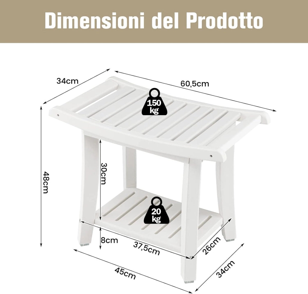 Panca da Doccia, Sgabello da Bagno Impermeabile con Sedile Curvo, con Portasciugamani e Piedini Antiscivoli, Panca Versatile con Ripiano, 60,5 x 34 x 48 cm