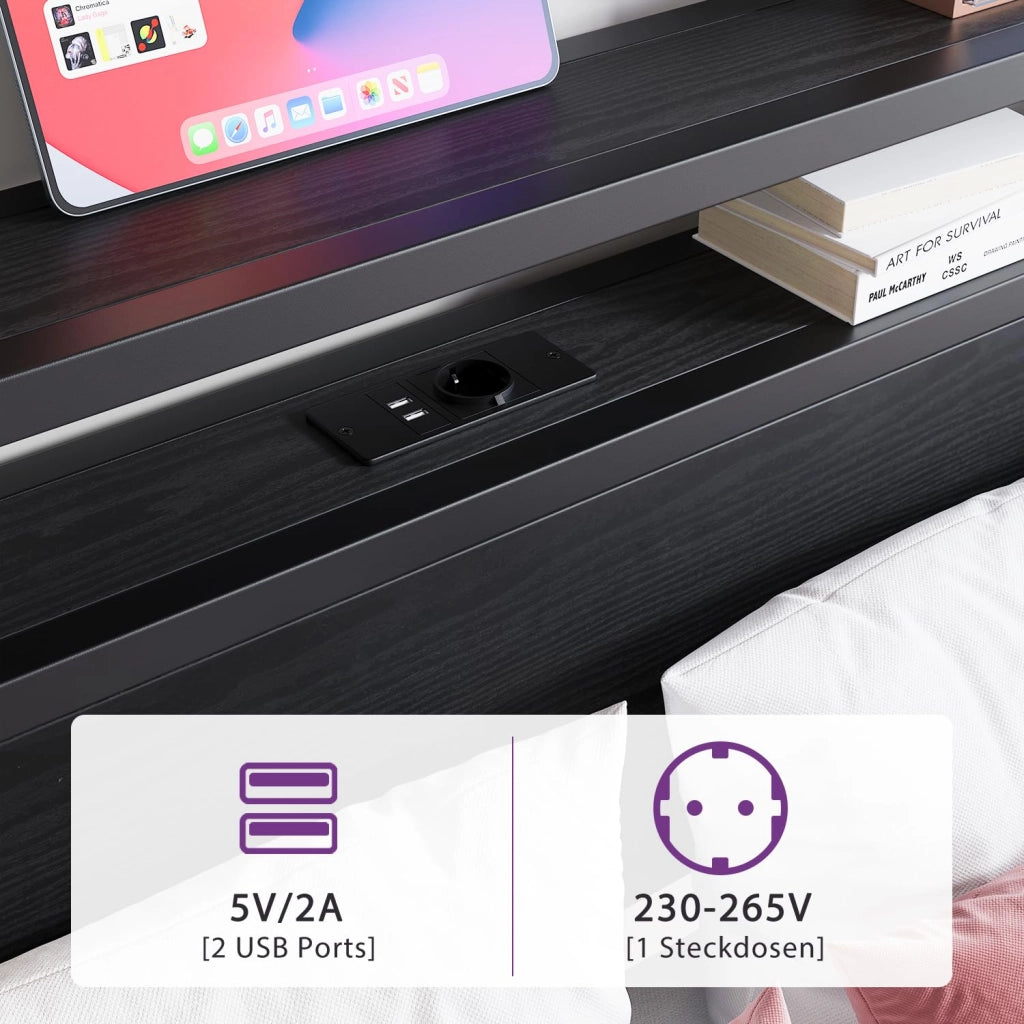 LETTO 140x200 cm con contenitore, metallo e MDF, nero, USB e LED