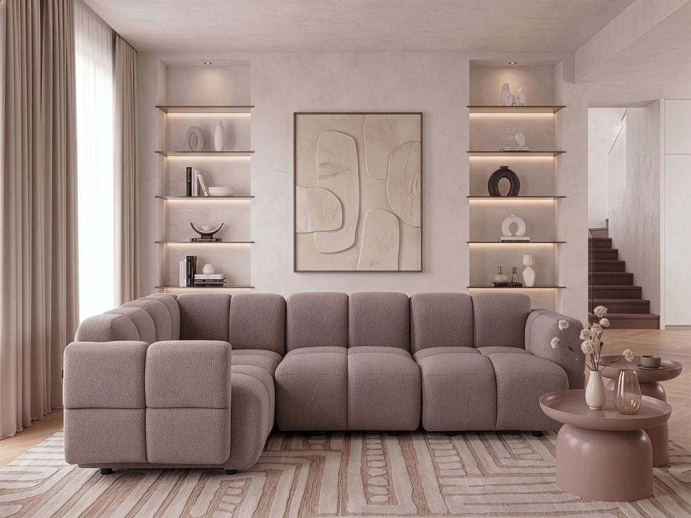 Divano modulare angolare a destra a 4 posti, in tessuto beige, articolo modulare, divano componibile a quattro elementi, stile moderno