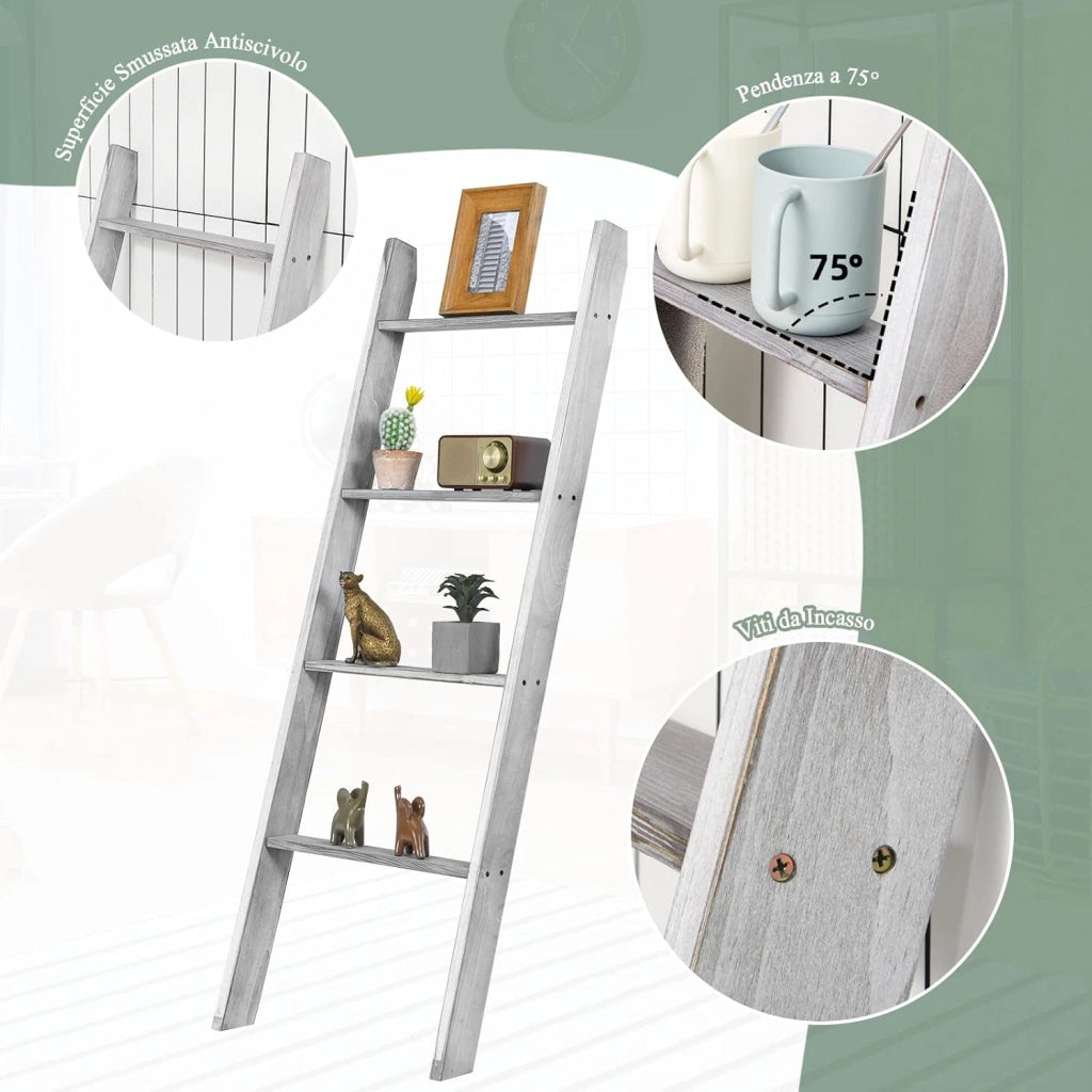 Scaffale di Stoccaggio in Legno di Pino, Porta Asciugamani a 4 Livelli per Bagno, Porta Salviette, Multiuso per Bagno Soggiorno (Grigio, 51 x 8 x 137 cm)