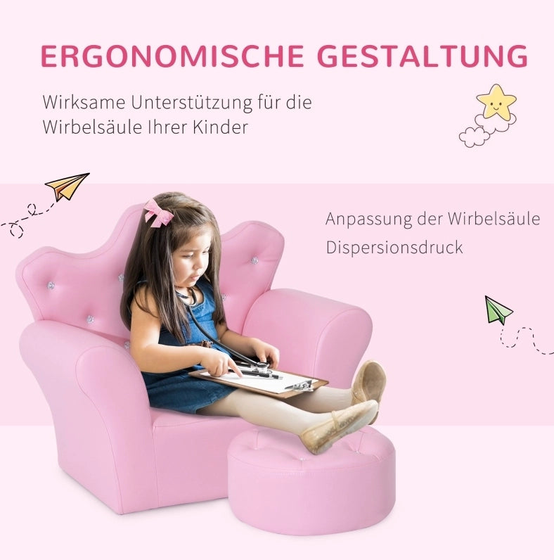 Poltroncina per bambini ULEVR rosa con pouf, braccioli e seduta imbottita in similpelle