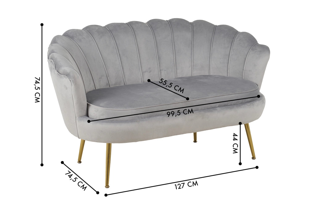 Divano Due 2 Posti In Velluto Forma Conchiglia Gambe In Metallo 133x63x75 Cm Camera Soggiorno Ufficio  Grigio