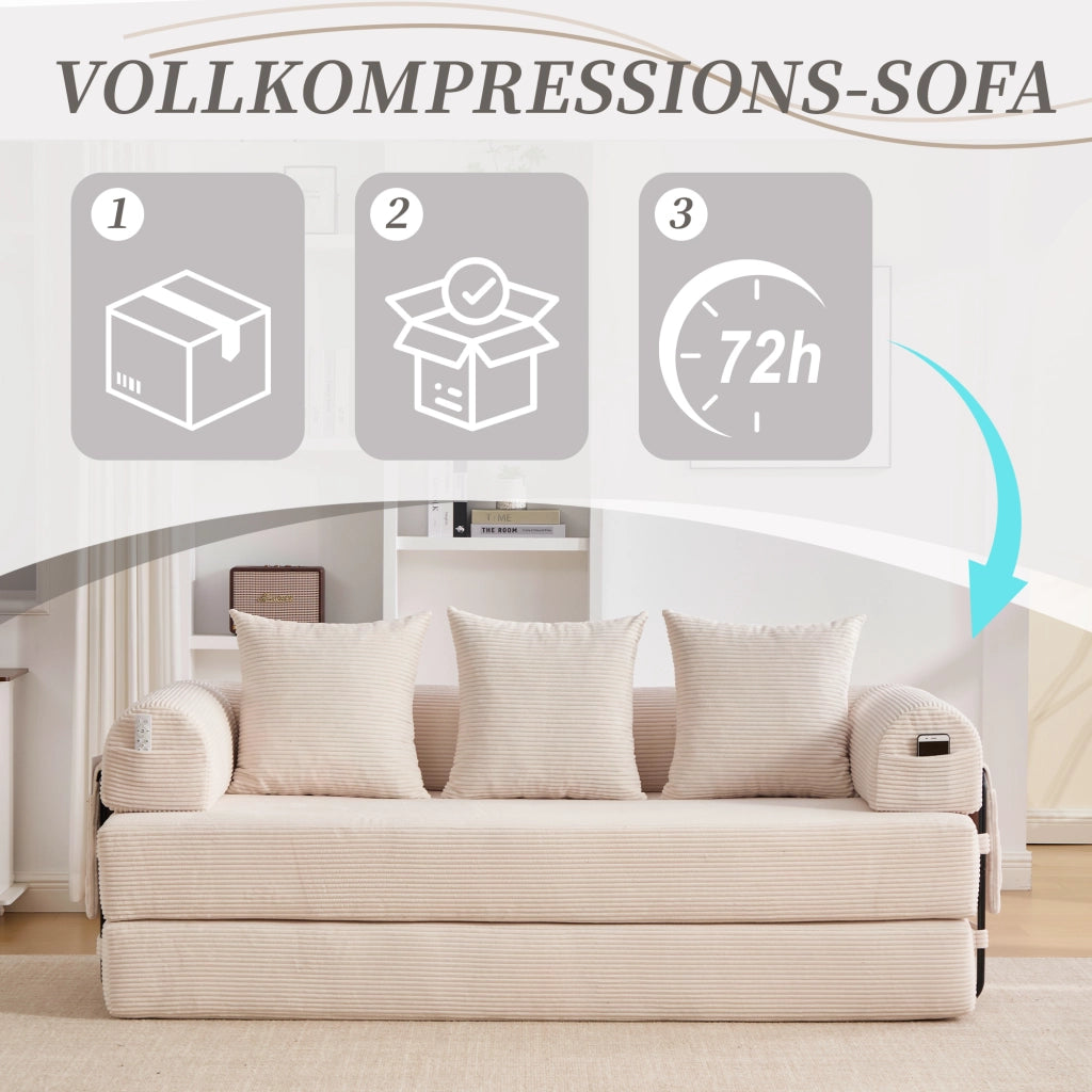 Divano modulare con tasca laterale e 3 cuscini struttura in metallo e velluto a coste per soggiorno beige