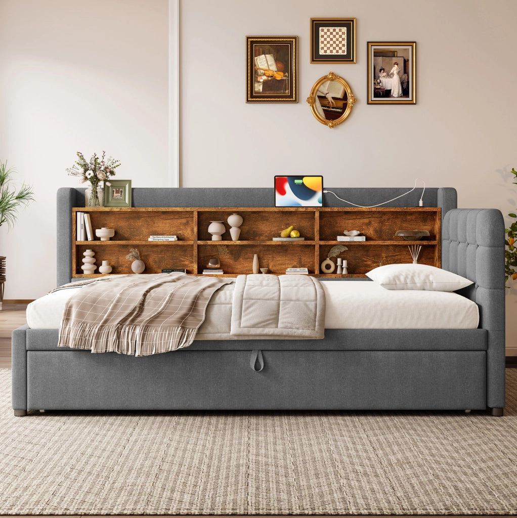 Letto singolo estraibile 90x200 cm con USB e USB-C; ripiani; lino e MDF grigio
