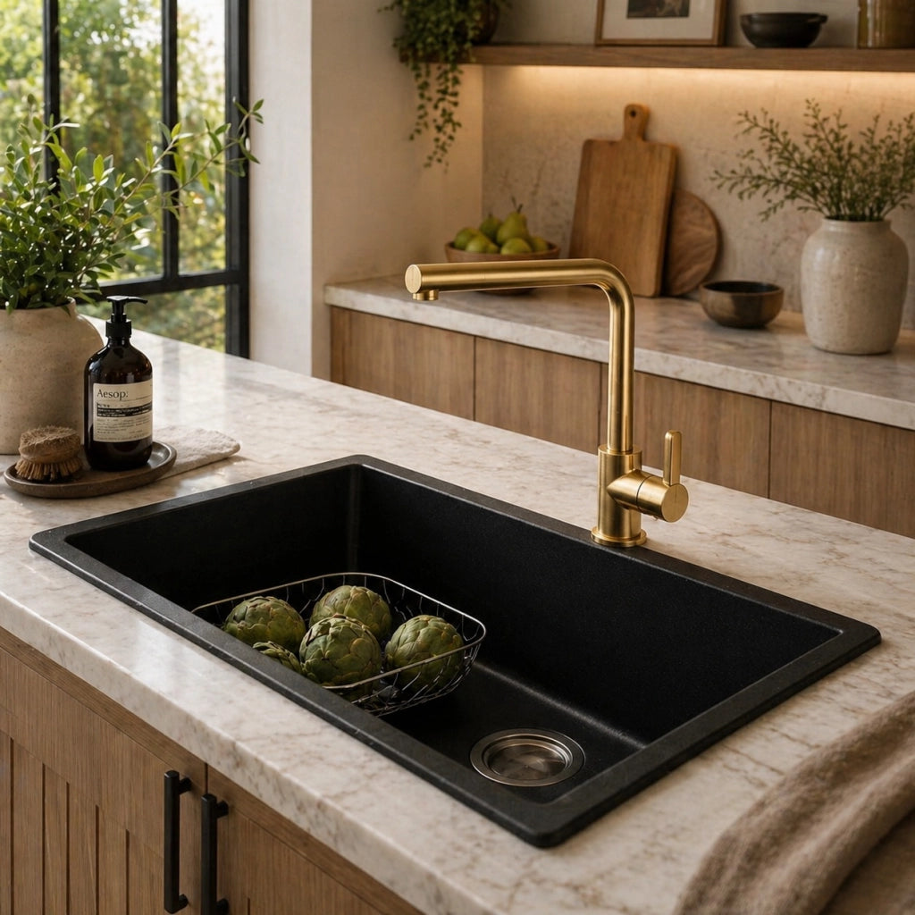 Rubinetto Cucina Oro Satinato Canna Alta Quadrata Girevole Miscelatore Lavello 94029