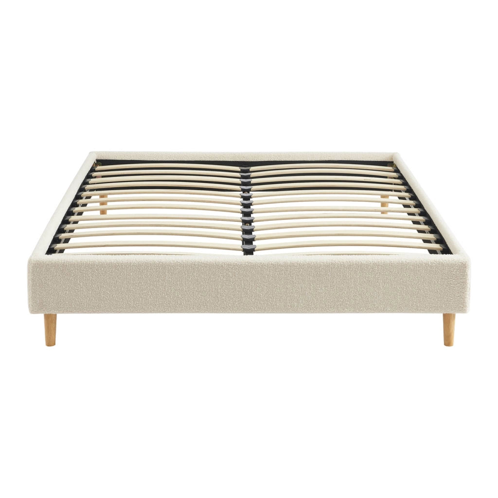 Struttura letto con rete a doghe, finitura bouclé, bianco, bianco