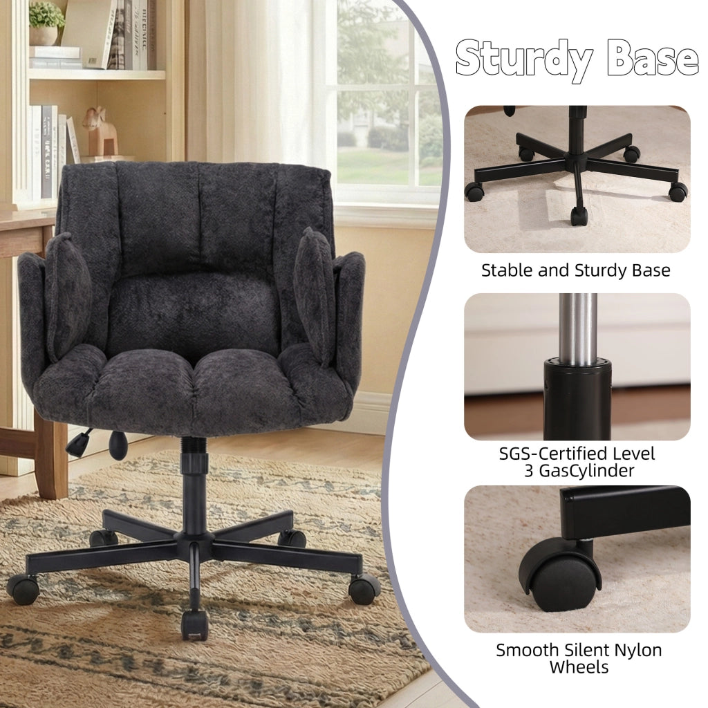 Chaise de bureau girevole con braccioli ribaltabili e supporto lombare gonfiabile in tessuto nero con ruote silenziose