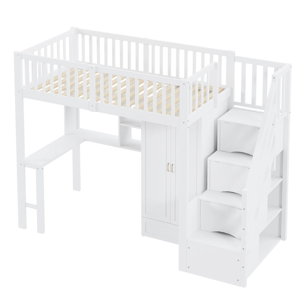 Letto a soppalco ULEVR 90x200 cm con armadio, scrivania, scaffale e scala con cassetti, bianco